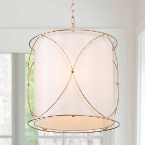 UOLFIN  3-Light Gold Drum Chandelier With Fabric Shade In White