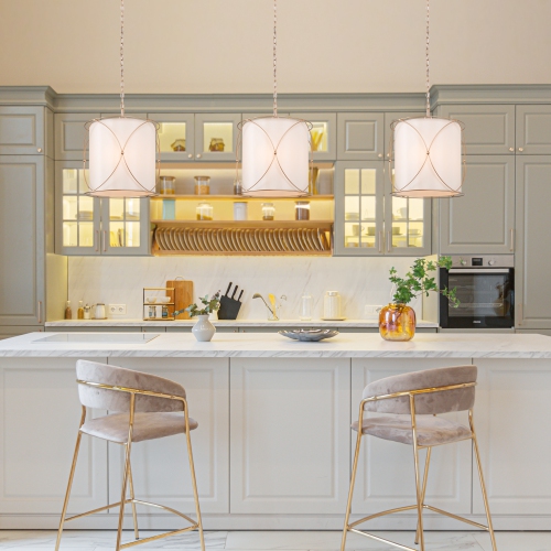 3-light gold drum chandelier with white fabric shade