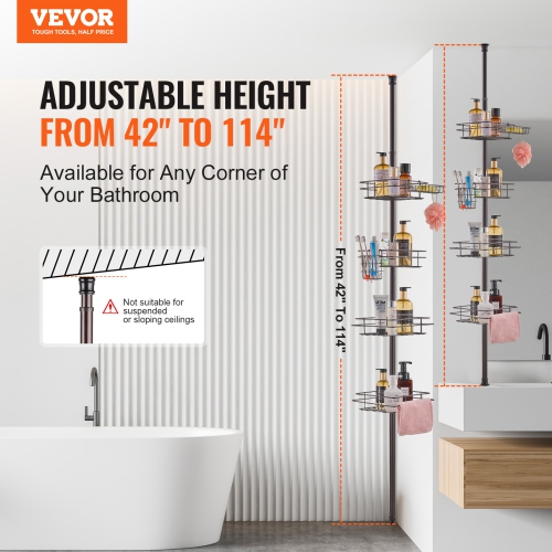VEVOR 42" to 114" Shower Corner Caddy Tension Pole, High, Multi-Functional Shower Tension Pole with Strong Load-Bearing Tray, Rust-Proof