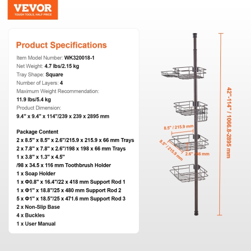 VEVOR 42" to 114" Shower Corner Caddy Tension Pole, High, Multi-Functional Shower Tension Pole with Strong Load-Bearing Tray, Rust-Proof