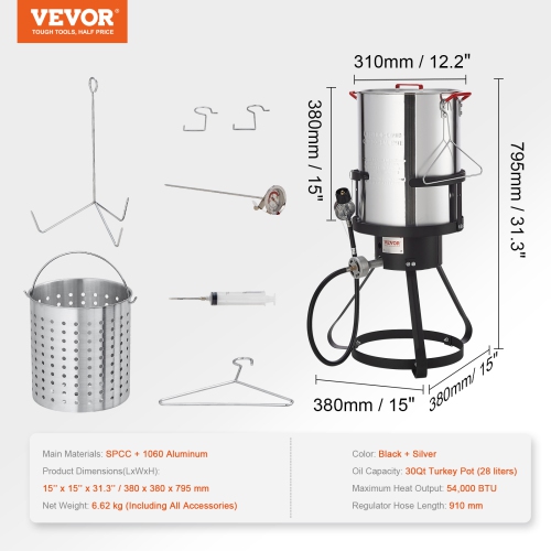 VEVOR 30-qt Turkey Deep Fryer, Turkey Fryer Boiler Steamer Cooker Set, Outdoor Aluminum Frying Pot, 54,000 BTU Burner Propane Gas Boiler, Includes