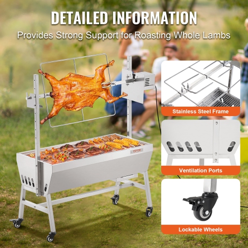 VEVOR Upgrade Rotisserie Grill, 35 Inch 90 Lbs Capacity, BBQ Whole Pig Lamb Goat Charcoal Spit Grill, Electric 42W Motor Stainless Steel Rotisserie