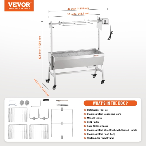 VEVOR Upgrade Rotisserie Grill, 35 Inch 90 Lbs Capacity, BBQ Whole Pig Lamb Goat Charcoal Spit Grill, Electric 42W Motor Stainless Steel Rotisserie
