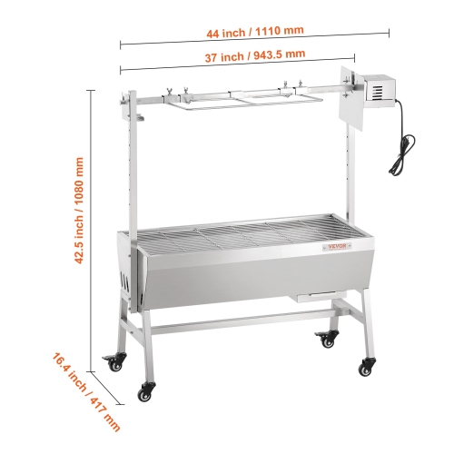 VEVOR Upgrade Rotisserie Grill, 35 Inch 90 Lbs Capacity, BBQ Whole Pig Lamb Goat Charcoal Spit Grill, Electric 42W Motor Stainless Steel Rotisserie