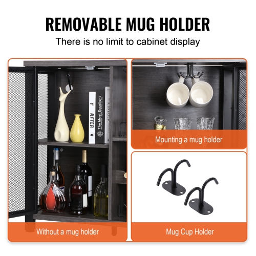 VEVOR 47 Inch Industrial Bar Cabinet, Wine Table for Liquor & Glasses, Sideboard Buffet Cabinet with Wine Rack, Freestanding Farmhouse Wood Coffee