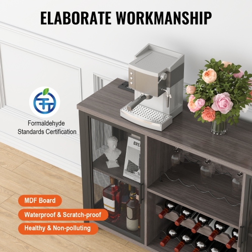 VEVOR 47 Inch Industrial Bar Cabinet, Wine Table for Liquor & Glasses, Sideboard Buffet Cabinet with Wine Rack, Freestanding Farmhouse Wood Coffee