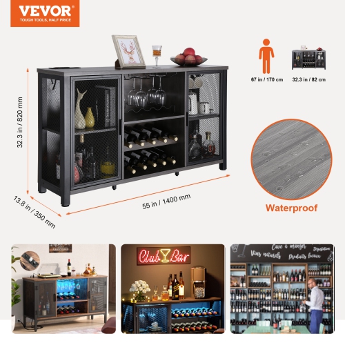 VEVOR 47 Inch Industrial Bar Cabinet, Wine Table for Liquor & Glasses, Sideboard Buffet Cabinet with Wine Rack, Freestanding Farmhouse Wood Coffee