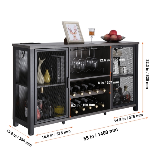 VEVOR 47 Inch Industrial Bar Cabinet, Wine Table for Liquor & Glasses, Sideboard Buffet Cabinet with Wine Rack, Freestanding Farmhouse Wood Coffee