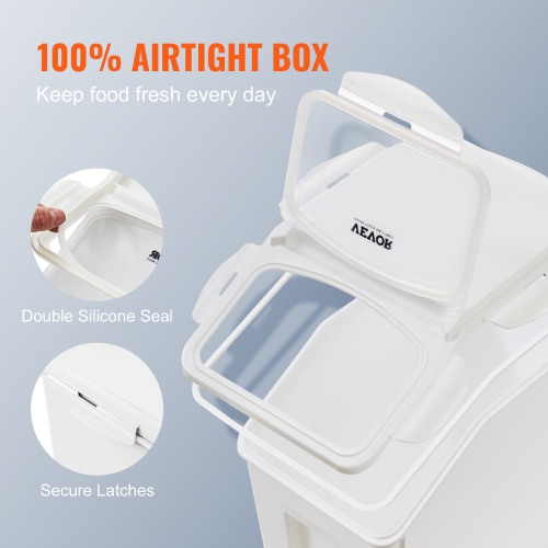 VEVOR Ingredient Storage Bin, 2 x 15L Dispenser Bin with 2 Measuring Cups, Attachable Casters and Airtight Lid, 2 Pcs/Set Pet Food Storage Container,