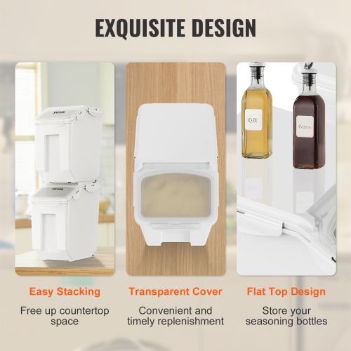 VEVOR Ingredient Storage Bin, 2 x 15L Dispenser Bin with 2 Measuring Cups, Attachable Casters and Airtight Lid, 2 Pcs/Set Pet Food Storage Container,
