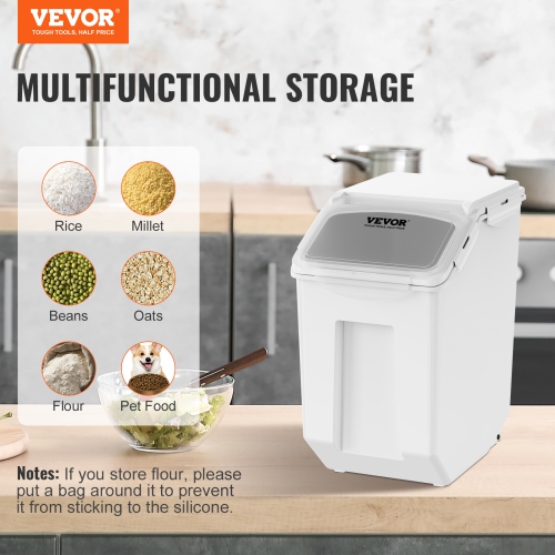 VEVOR Ingredient Storage Bin, 2 x 15L Dispenser Bin with 2 Measuring Cups, Attachable Casters and Airtight Lid, 2 Pcs/Set Pet Food Storage Container,