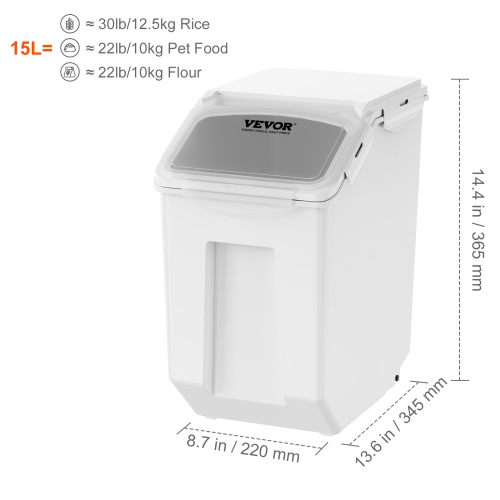 VEVOR Ingredient Storage Bin, 2 x 15L Dispenser Bin with 2 Measuring Cups, Attachable Casters and Airtight Lid, 2 Pcs/Set Pet Food Storage Container,