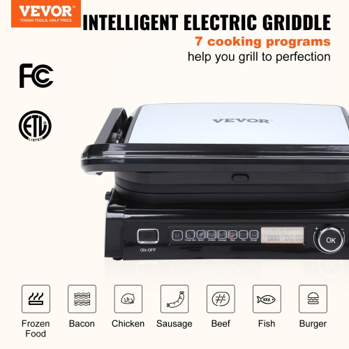 VEVOR 7 IN 1 Commercial Electric Griddle, 14.4" 1800W Indoor Countertop Grill, Stainless Steel Teppanyaki Grill with Non Stick Iron Plate, 0-446℉