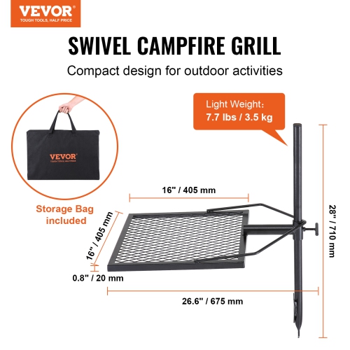 Gril de camping pivotant VEVOR, grille de foyer sur foyer, grilles en acier robustes, équipement de cuisson extérieur à foyer ouvert réglable à 360°,