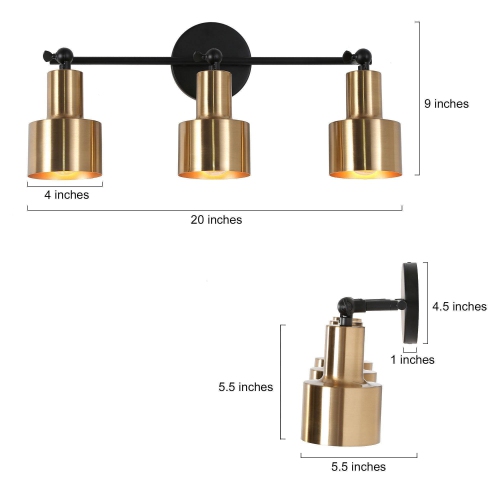 20.1 in. 3-Light Black and Brass Vanity Light with Metal Shades