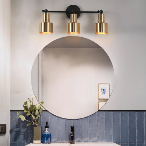 20.1 in. 3-Light Black and Brass Vanity Light with Metal Shades