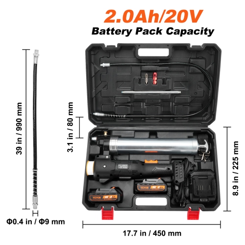 VEVOR Cordless Grease Gun, 20-Volt, 10,000 PSI, 39" Long Hose, Electric Grease Gun Kit High Pressure Battery Powered Grease Gun with Case, Two