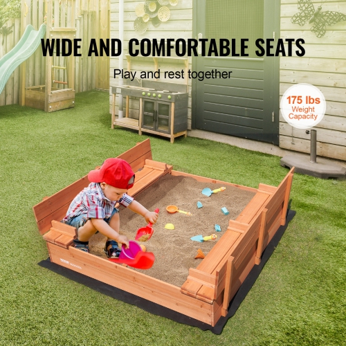 VEVOR 52.4 x 47.2 x 16.9 in Wooden Sandbox, Sand Pit with Foldable Bench Seats and Bottom Liner, Natural Wood Kids Sandbox for Outdoor Backyard,