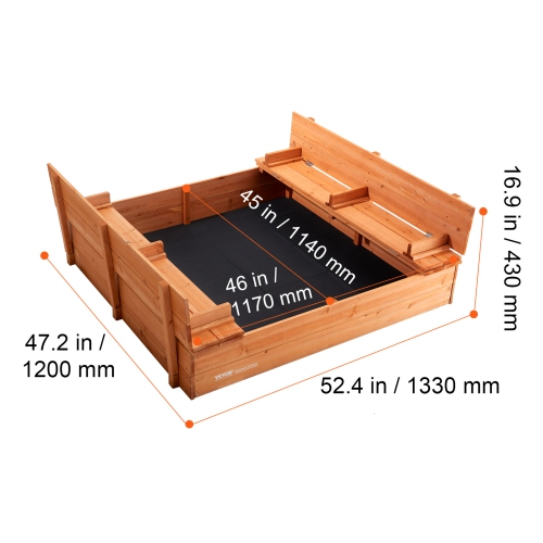 VEVOR 52.4 x 47.2 x 16.9 in Wooden Sandbox, Sand Pit with Foldable Bench Seats and Bottom Liner, Natural Wood Kids Sandbox for Outdoor Backyard,