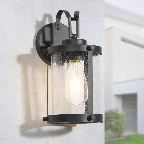 UOLFIN  Industrial 1-Light Outdoor Wall Light With Seeded Glass Shade In Black