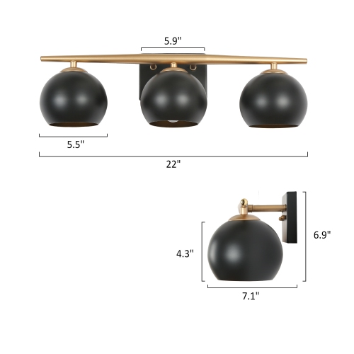 22 in. 3-Light Black and Brass Vanity Light with Metal Shades