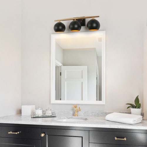22 in. 3-Light Black and Brass Vanity Light with Metal Shades