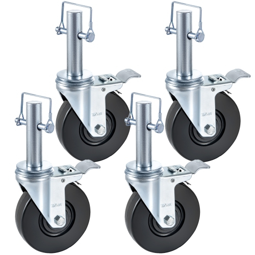 VEVOR 4 Pack 5" Scaffolding Rubber Swivel Caster Wheels with Dual Locking Heavy Duty Casters 1" Solid Round Stem 280LBS Capacity Per Wheel for