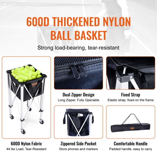 VEVOR Foldable Tennis Ball Hopper, Holds 180 Tennis Balls, Lightweight Aluminum Alloy Tennis Ball Basket Cart with Wheels, Removable Bag, Carry Bag,