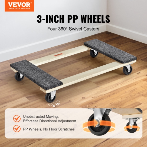 VEVOR 18" x 30" Furniture Dolly, 1000 lbs Load Capacity, 4 x 3" PP Swivel Casters, Heavy Duty Hardwood Furniture Moving Dolly, Mover's Dolly, Moving