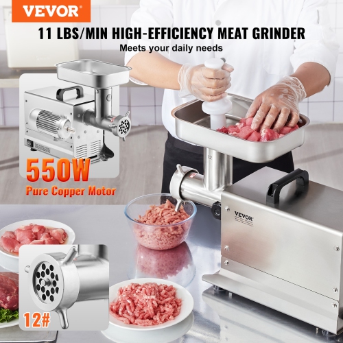 VEVOR Meat Grinder, 11 Lbs/Min Capacity Electric Meat Grinders with Blade, Grinding Plate, Sausage Maker, Stainless Steel Commercial Meat Mincer for