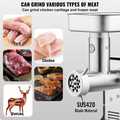 VEVOR Meat Grinder, 11 Lbs/Min Capacity Electric Meat Grinders with Blade, Grinding Plate, Sausage Maker, Stainless Steel Commercial Meat Mincer for