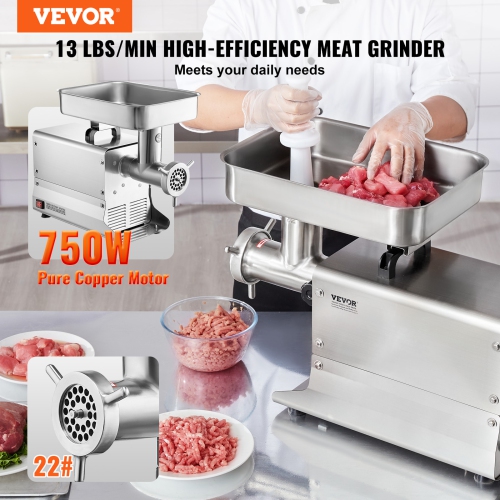 VEVOR Meat Grinder, 13 Lbs/Min Capacity Electric Meat Grinders with Blade, Grinding Plate, Sausage Maker, Stainless Steel Commercial Meat Mincer for
