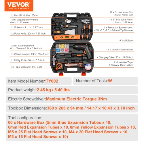VEVOR 96 Piece Tool Kit, General Household Hand Tool Set, with Cordless Screwdriver and Portable Tool Storage Case, High-Quality Steel, for Home