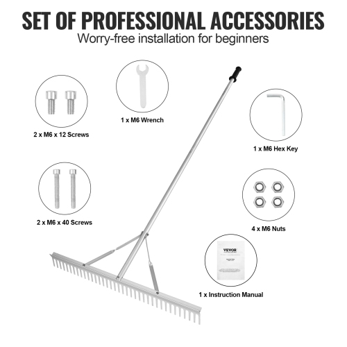 VEVOR 36" Landscape Rake, Head Aluminum Landscape Rake, Lake Weed Rake with 75" Long Handle, for Loosening Soil, Lawn Care, Weeding Lake, Garden, Pond