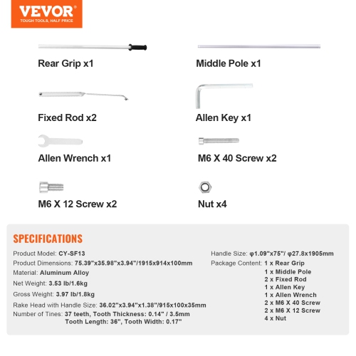 VEVOR 36" Landscape Rake, Head Aluminum Landscape Rake, Lake Weed Rake with 75" Long Handle, for Loosening Soil, Lawn Care, Weeding Lake, Garden, Pond