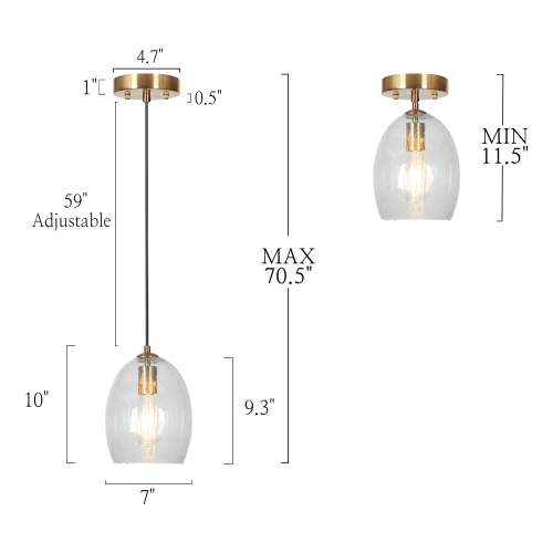 1-Light Brass Kitchen Island Pendant Light with Seeded Glass Shade