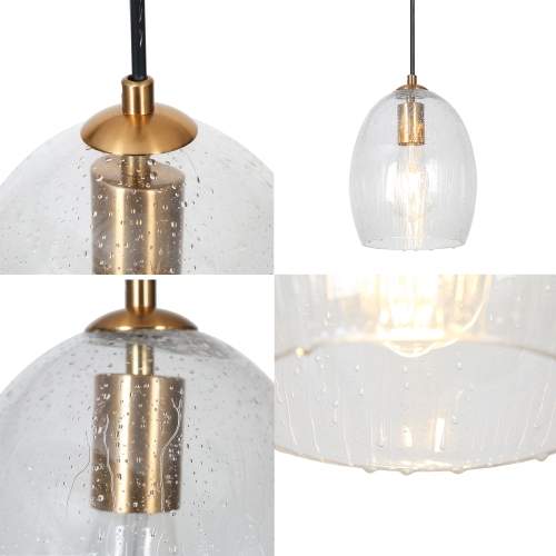 1-Light Brass Kitchen Island Pendant Light with Seeded Glass Shade