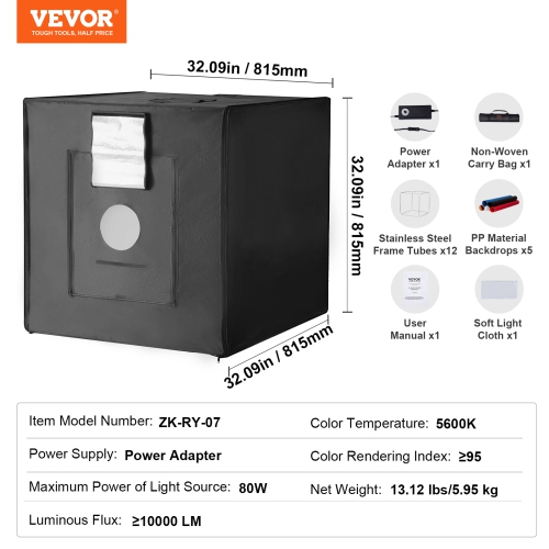VEVOR 32" x 32" Photo Studio Light Box, 5600K Professional Photo Shooting Tent Kit with 210 LED Lights 5 Backdrops Power Adapter Soft Light Cloth