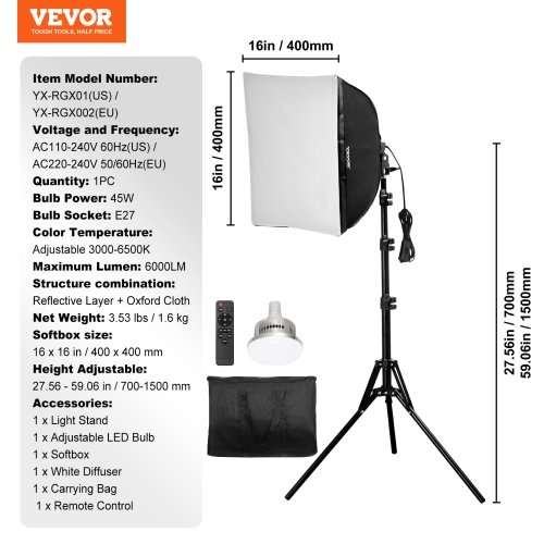 VEVOR 16" x 16" Softbox Lighting Kit, Professional Softbox with 45W LED Bulbs, 3000-6500K Adjustable Color Temperature, Tripod Stand, Studio Lights