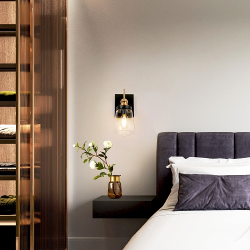 1-Light Black and Brass Wall Sconce with Clear Glass Shade