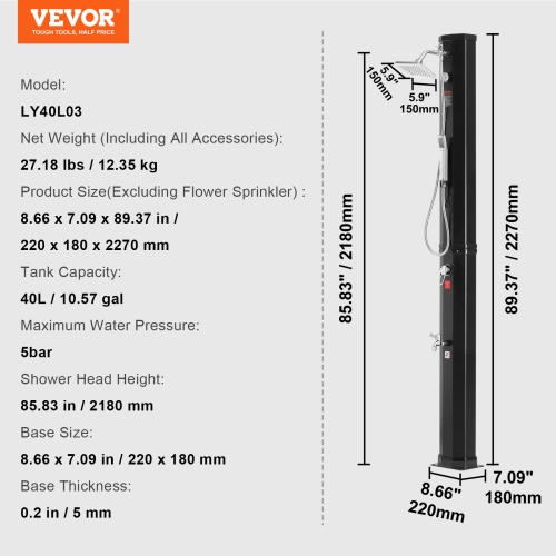 VEVOR 10.57 Gallon Outdoor Solar Heated Shower, Poolside Shower Kit with 2 Shower Head and Foot Shower Tap, Handheld/Hanging Two Modes for Outdoor
