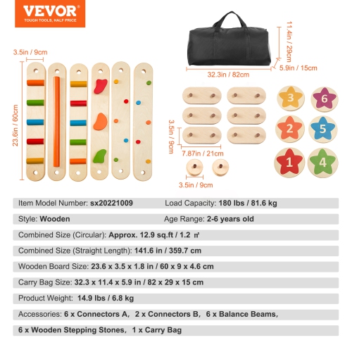 Pierres de pas VEVOR 6 PCS Balance Beam, planches d'équilibre en bois pour tout-petits, jouet Montessori pour enfants de 2 à 6 ans, coordination et