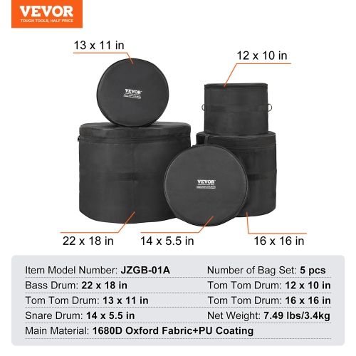 VEVOR 5-Piece Drum Bag Kit, Durable 1680D Oxford Material, Cushioned Cases with 1.5m Shoulder Strap and Carry Handles, Collapsible, Fits 22'' Bass,