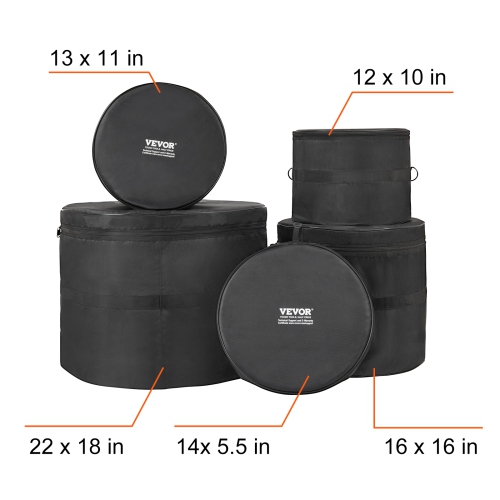 VEVOR 5-Piece Drum Bag Kit, Durable 1680D Oxford Material, Cushioned Cases with 1.5m Shoulder Strap and Carry Handles, Collapsible, Fits 22'' Bass,