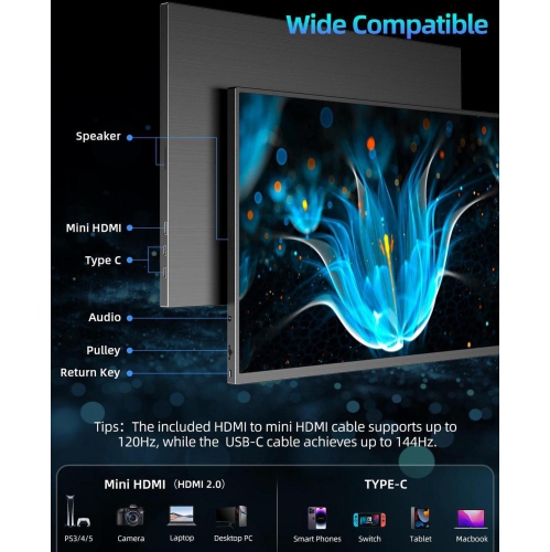 UPERFECT UGame K118 18" 2K 144Hz Portable Gaming Monitor with 100% DCI-P3, FreeSync, HDR, VESA Mount, and Eye-Care Features