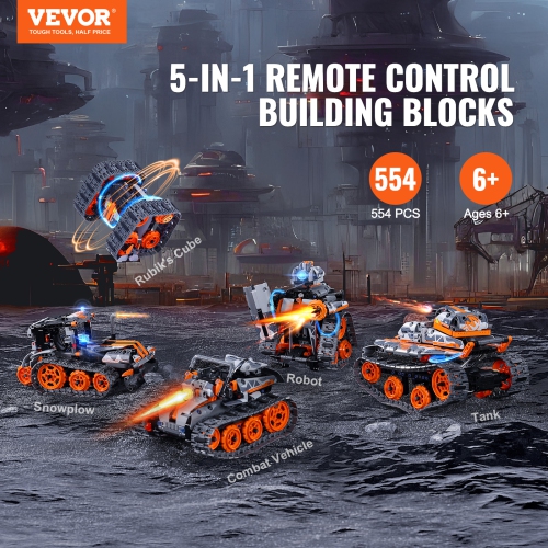 VEVOR STEM Building Toys for Kids, 5-in-1 554 PCS, Remote Control Car Building Kits Remote & APP Controlled Car/Robot/Rubik's Cube/Snowplow, RC STEM