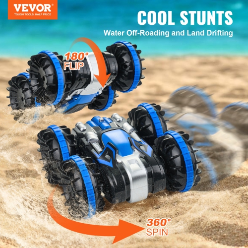 VEVOR Amphibious Remote Control Car Boat, 2.4GHz 12 km/h, 4WD Waterproof RC Car for Kids, 360° Rotating Stunt Car with 2 Batteries, All Terrain Beach
