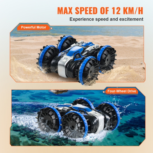 VEVOR Amphibious Remote Control Car Boat, 2.4GHz 12 km/h, 4WD Waterproof RC Car for Kids, 360° Rotating Stunt Car with 2 Batteries, All Terrain Beach