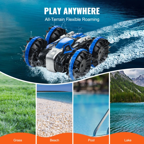 VEVOR Amphibious Remote Control Car Boat, 2.4GHz 12 km/h, 4WD Waterproof RC Car for Kids, 360° Rotating Stunt Car with 2 Batteries, All Terrain Beach