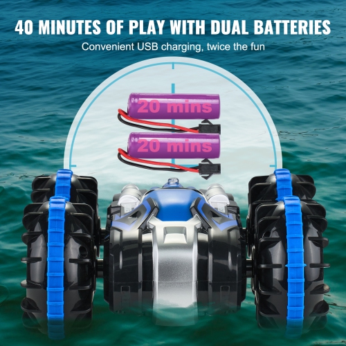 VEVOR Amphibious Remote Control Car Boat, 2.4GHz 12 km/h, 4WD Waterproof RC Car for Kids, 360° Rotating Stunt Car with 2 Batteries, All Terrain Beach